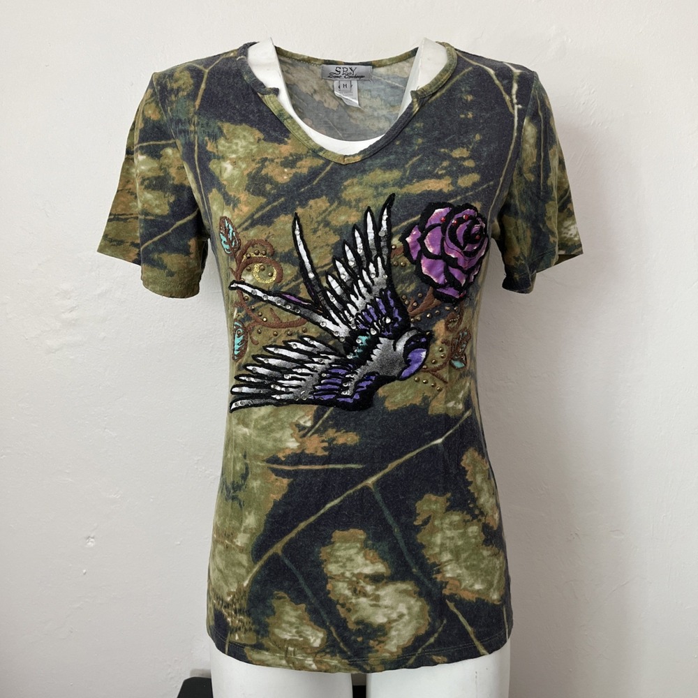 Spy Zone Exchange T-Shirt Womens M V-Neck Embroidered Rhinestone Green/Gray